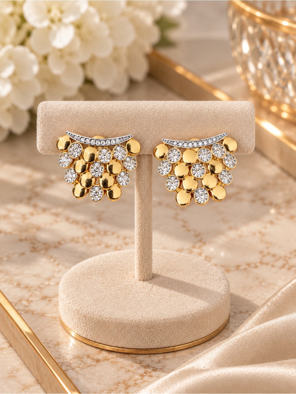 Gold and Crystal Cluster Drop Earrings